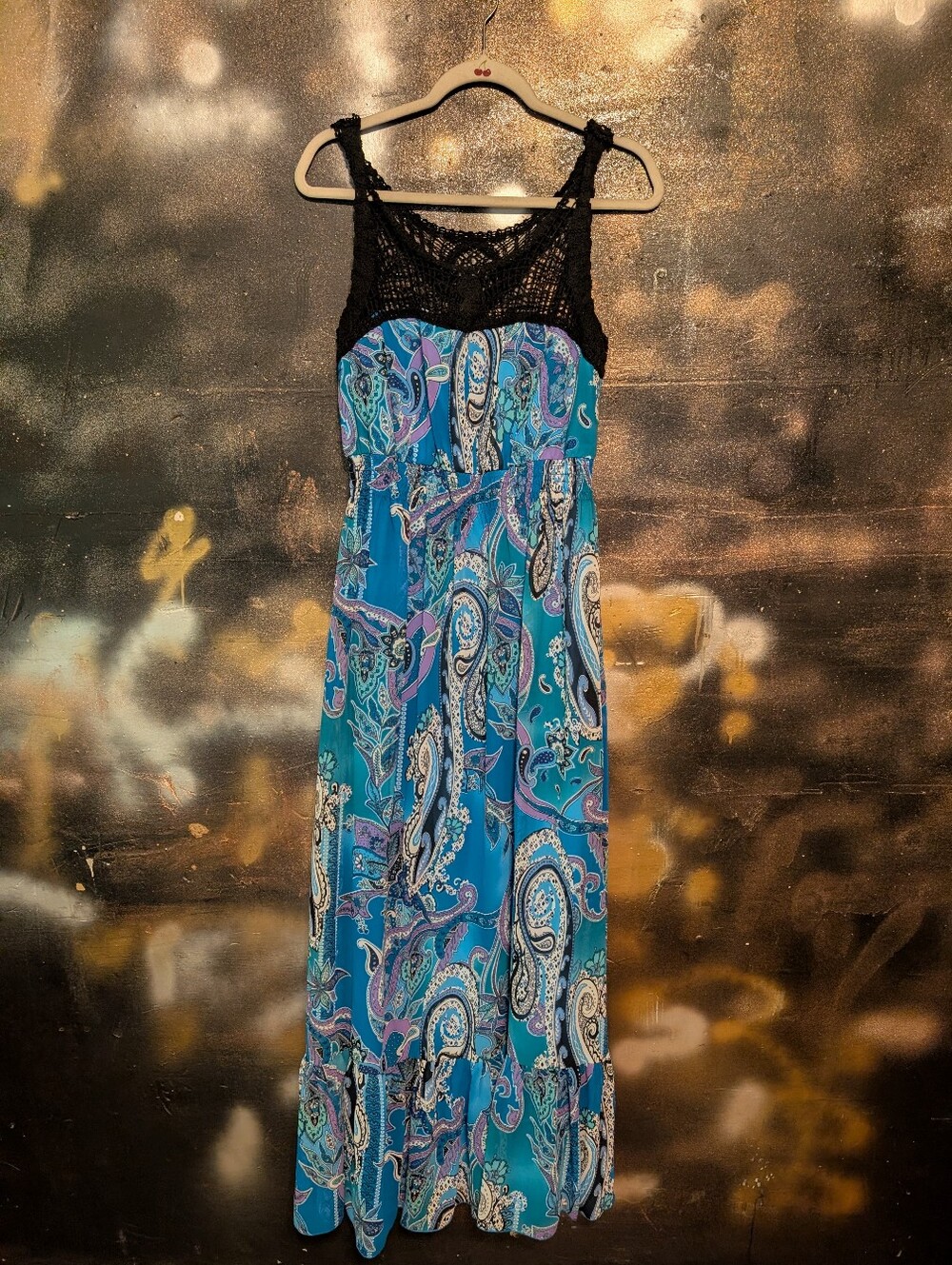 Bisou Bisou Blue Paisley Maxi Dress with Black Crochet Yoke
